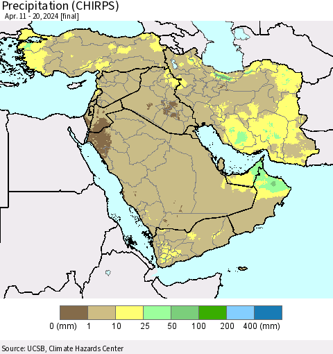 Middle East and Turkey Precipitation (CHIRPS) Thematic Map For 4/11/2024 - 4/20/2024