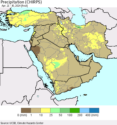 Middle East and Turkey Precipitation (CHIRPS) Thematic Map For 4/21/2024 - 4/30/2024