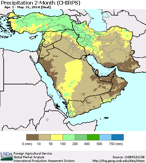 Middle East and Turkey Precipitation 2-Month (CHIRPS) Thematic Map For 4/1/2018 - 5/31/2018