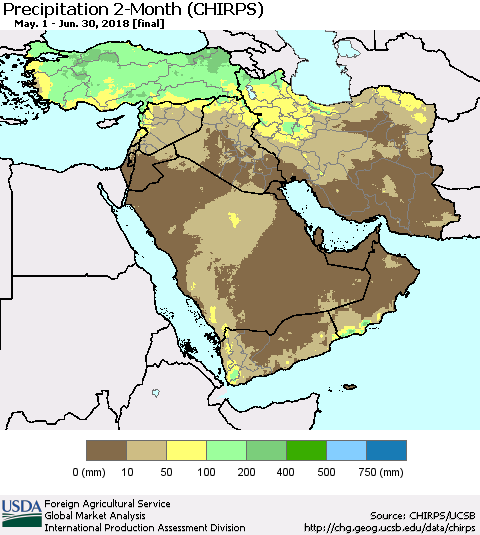 Middle East and Turkey Precipitation 2-Month (CHIRPS) Thematic Map For 5/1/2018 - 6/30/2018