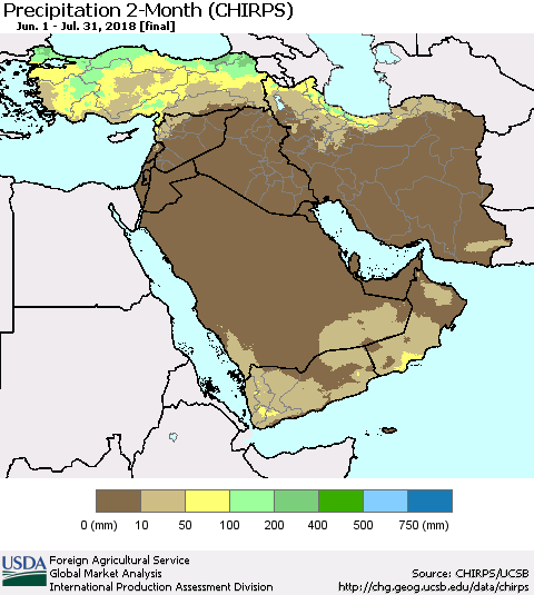 Middle East and Turkey Precipitation 2-Month (CHIRPS) Thematic Map For 6/1/2018 - 7/31/2018