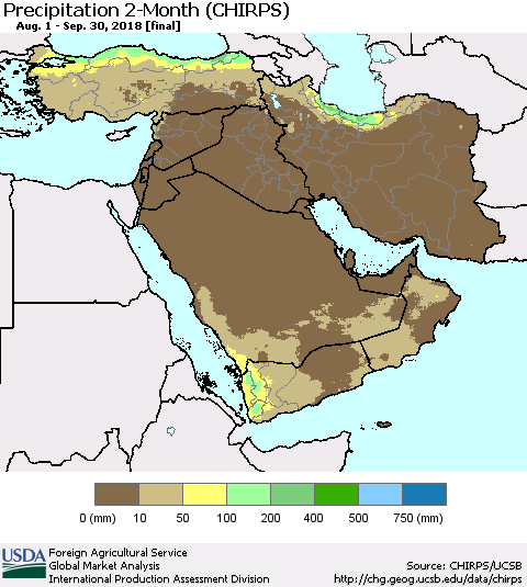 Middle East and Turkey Precipitation 2-Month (CHIRPS) Thematic Map For 8/1/2018 - 9/30/2018