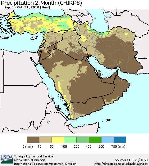 Middle East and Turkey Precipitation 2-Month (CHIRPS) Thematic Map For 9/1/2018 - 10/31/2018