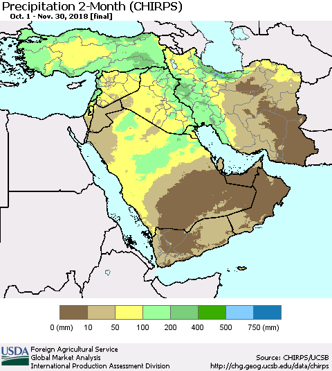 Middle East and Turkey Precipitation 2-Month (CHIRPS) Thematic Map For 10/1/2018 - 11/30/2018