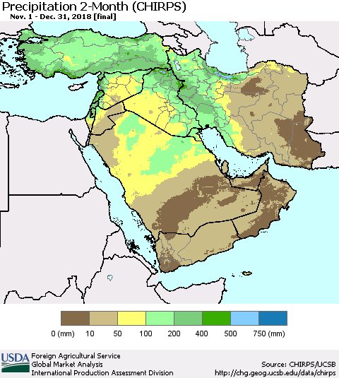 Middle East and Turkey Precipitation 2-Month (CHIRPS) Thematic Map For 11/1/2018 - 12/31/2018