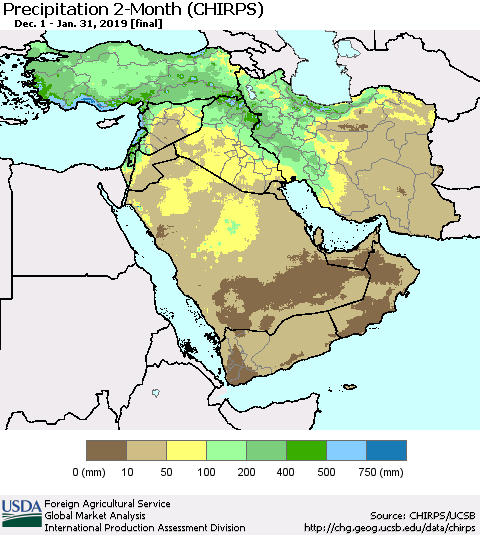Middle East and Turkey Precipitation 2-Month (CHIRPS) Thematic Map For 12/1/2018 - 1/31/2019