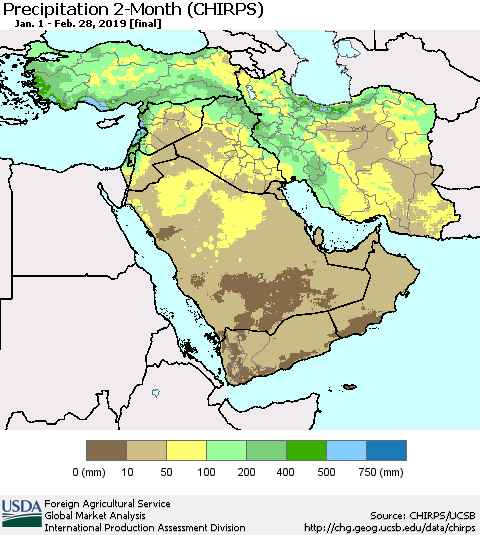 Middle East and Turkey Precipitation 2-Month (CHIRPS) Thematic Map For 1/1/2019 - 2/28/2019
