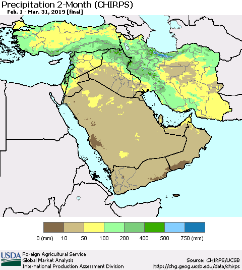 Middle East and Turkey Precipitation 2-Month (CHIRPS) Thematic Map For 2/1/2019 - 3/31/2019