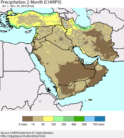 Middle East and Turkey Precipitation 2-Month (CHIRPS) Thematic Map For 10/1/2019 - 11/30/2019