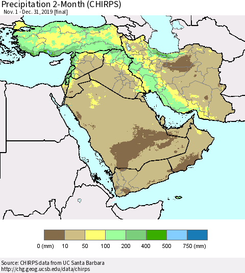 Middle East and Turkey Precipitation 2-Month (CHIRPS) Thematic Map For 11/1/2019 - 12/31/2019