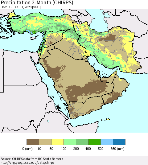 Middle East and Turkey Precipitation 2-Month (CHIRPS) Thematic Map For 12/1/2019 - 1/31/2020