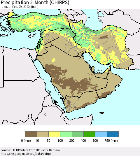 Middle East and Turkey Precipitation 2-Month (CHIRPS) Thematic Map For 1/1/2020 - 2/29/2020