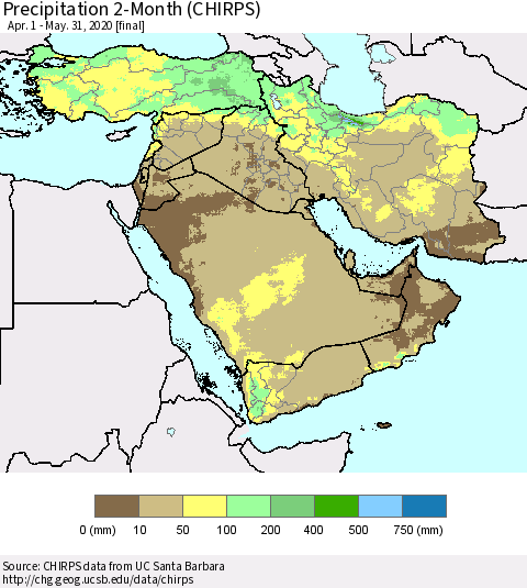 Middle East and Turkey Precipitation 2-Month (CHIRPS) Thematic Map For 4/1/2020 - 5/31/2020