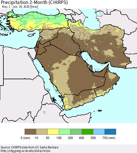Middle East and Turkey Precipitation 2-Month (CHIRPS) Thematic Map For 5/1/2020 - 6/30/2020