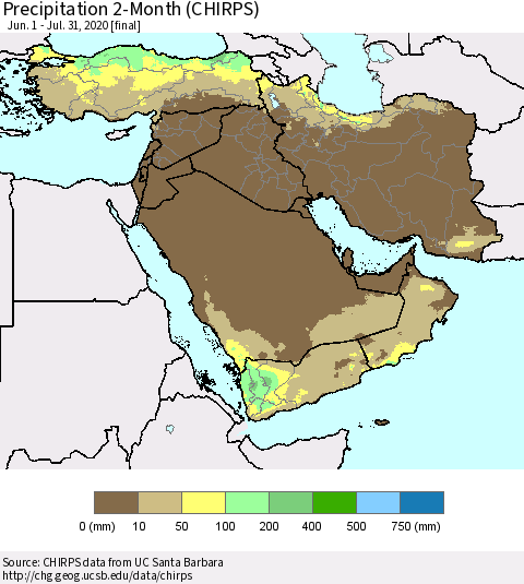 Middle East and Turkey Precipitation 2-Month (CHIRPS) Thematic Map For 6/1/2020 - 7/31/2020