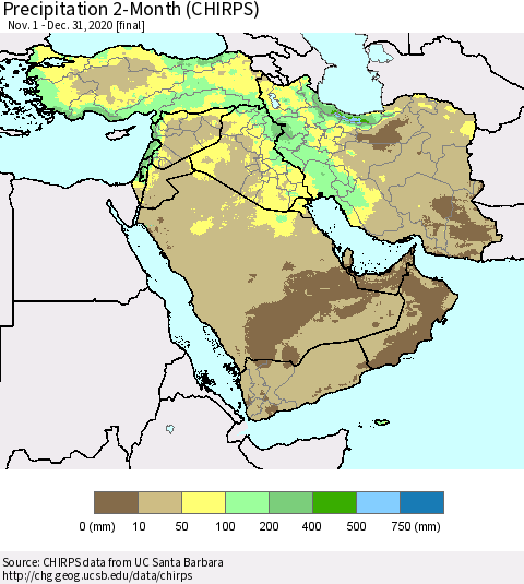 Middle East and Turkey Precipitation 2-Month (CHIRPS) Thematic Map For 11/1/2020 - 12/31/2020