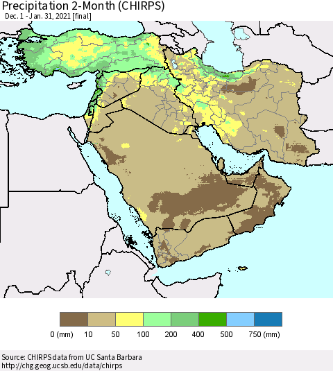 Middle East and Turkey Precipitation 2-Month (CHIRPS) Thematic Map For 12/1/2020 - 1/31/2021