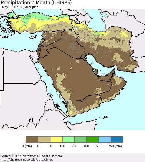 Middle East and Turkey Precipitation 2-Month (CHIRPS) Thematic Map For 5/1/2021 - 6/30/2021