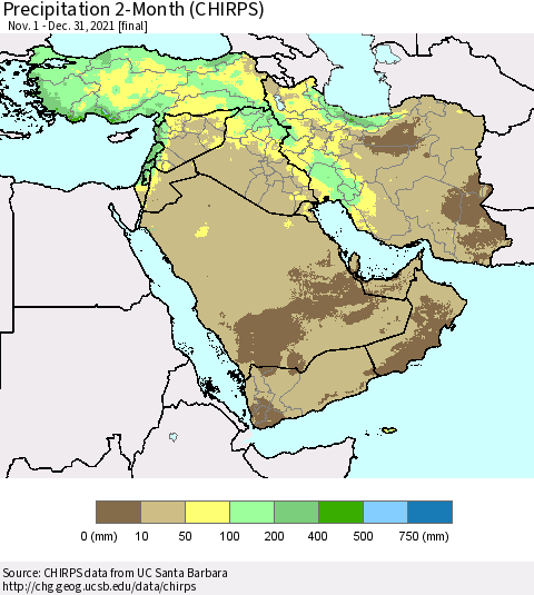Middle East and Turkey Precipitation 2-Month (CHIRPS) Thematic Map For 11/1/2021 - 12/31/2021