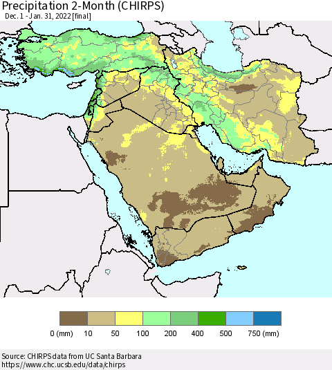 Middle East and Turkey Precipitation 2-Month (CHIRPS) Thematic Map For 12/1/2021 - 1/31/2022