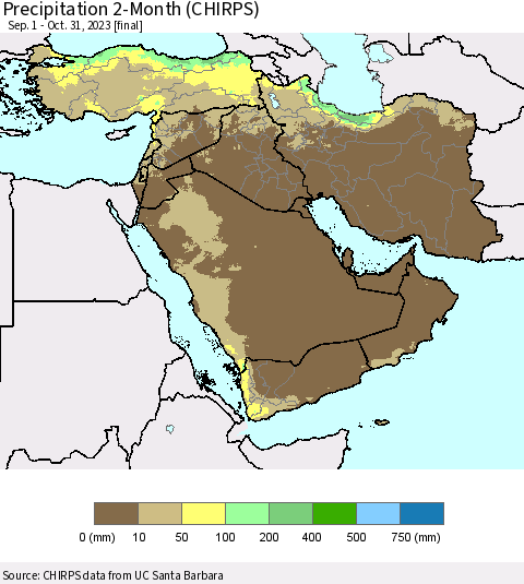Middle East and Turkey Precipitation 2-Month (CHIRPS) Thematic Map For 9/1/2023 - 10/31/2023