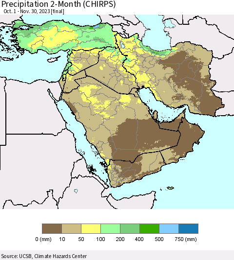 Middle East and Turkey Precipitation 2-Month (CHIRPS) Thematic Map For 10/1/2023 - 11/30/2023