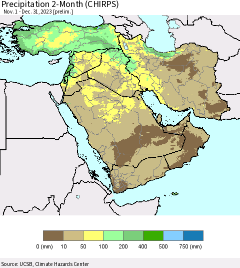 Middle East and Turkey Precipitation 2-Month (CHIRPS) Thematic Map For 11/1/2023 - 12/31/2023