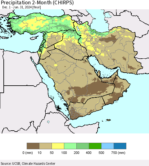 Middle East and Turkey Precipitation 2-Month (CHIRPS) Thematic Map For 12/1/2023 - 1/31/2024