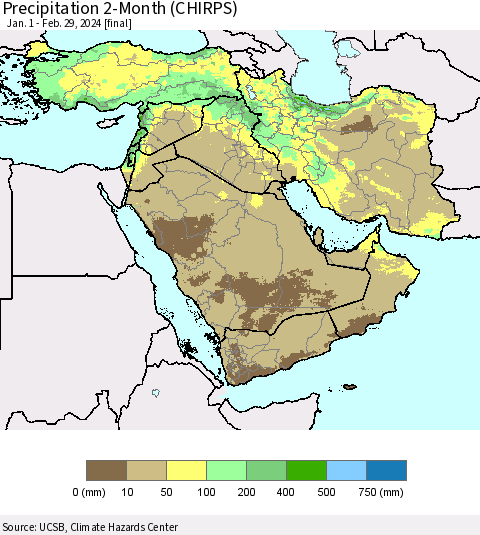 Middle East and Turkey Precipitation 2-Month (CHIRPS) Thematic Map For 1/1/2024 - 2/29/2024