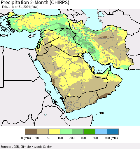 Middle East and Turkey Precipitation 2-Month (CHIRPS) Thematic Map For 2/1/2024 - 3/31/2024