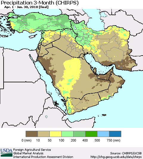 Middle East and Turkey Precipitation 3-Month (CHIRPS) Thematic Map For 4/1/2018 - 6/30/2018