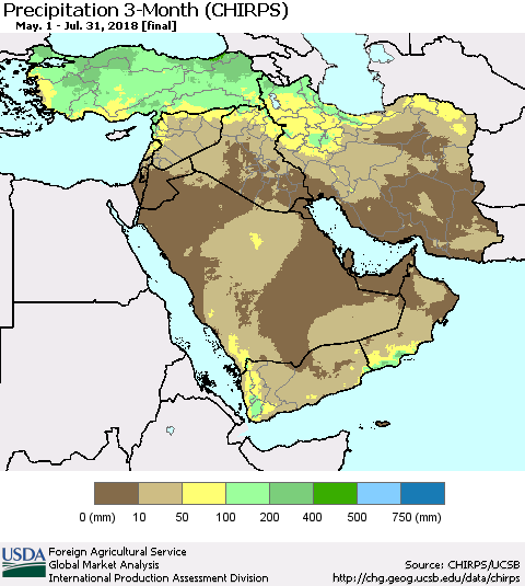 Middle East and Turkey Precipitation 3-Month (CHIRPS) Thematic Map For 5/1/2018 - 7/31/2018