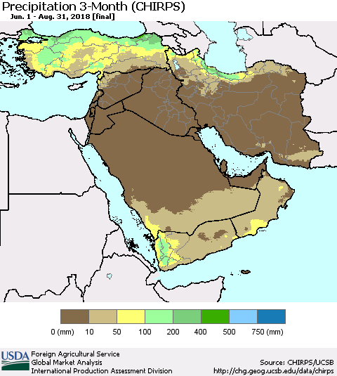 Middle East and Turkey Precipitation 3-Month (CHIRPS) Thematic Map For 6/1/2018 - 8/31/2018