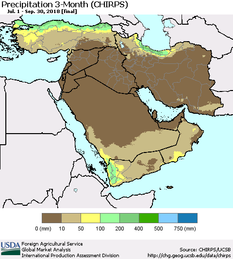 Middle East and Turkey Precipitation 3-Month (CHIRPS) Thematic Map For 7/1/2018 - 9/30/2018