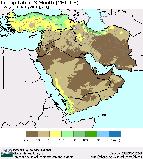 Middle East and Turkey Precipitation 3-Month (CHIRPS) Thematic Map For 8/1/2018 - 10/31/2018