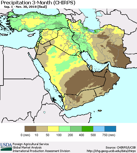 Middle East and Turkey Precipitation 3-Month (CHIRPS) Thematic Map For 9/1/2018 - 11/30/2018