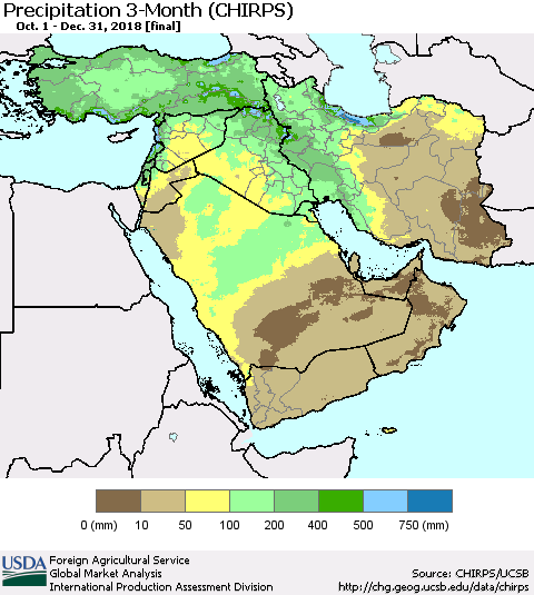 Middle East and Turkey Precipitation 3-Month (CHIRPS) Thematic Map For 10/1/2018 - 12/31/2018