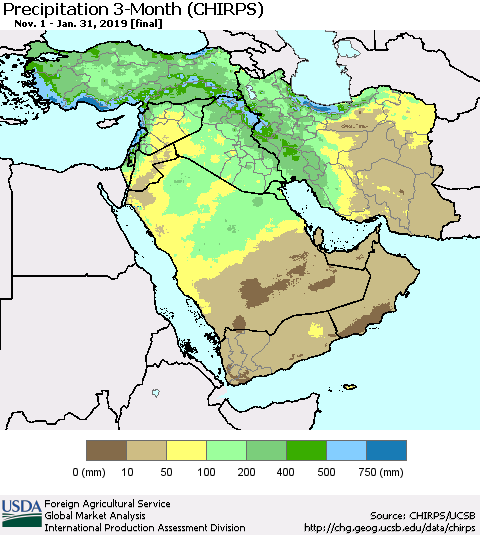 Middle East and Turkey Precipitation 3-Month (CHIRPS) Thematic Map For 11/1/2018 - 1/31/2019
