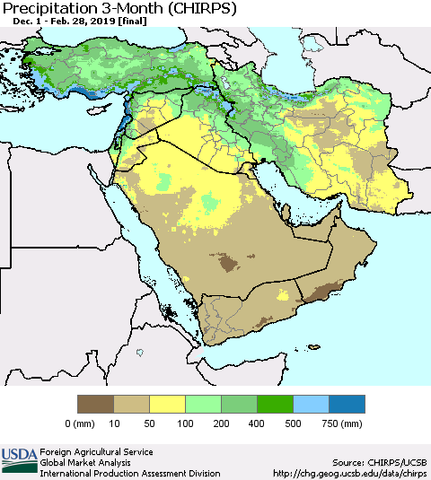 Middle East and Turkey Precipitation 3-Month (CHIRPS) Thematic Map For 12/1/2018 - 2/28/2019