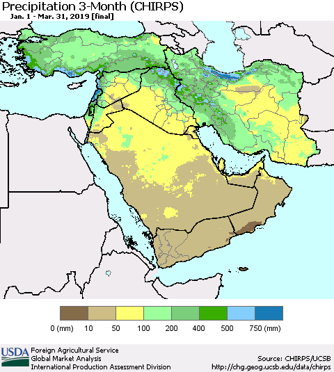 Middle East and Turkey Precipitation 3-Month (CHIRPS) Thematic Map For 1/1/2019 - 3/31/2019