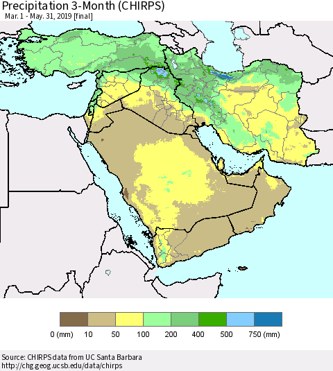 Middle East and Turkey Precipitation 3-Month (CHIRPS) Thematic Map For 3/1/2019 - 5/31/2019