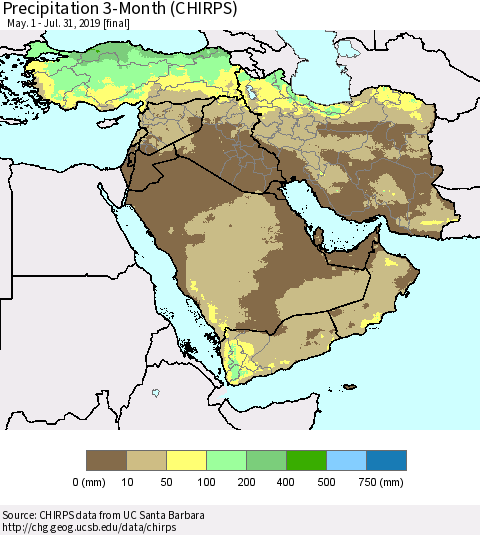 Middle East and Turkey Precipitation 3-Month (CHIRPS) Thematic Map For 5/1/2019 - 7/31/2019