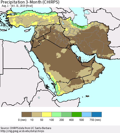 Middle East and Turkey Precipitation 3-Month (CHIRPS) Thematic Map For 8/1/2019 - 10/31/2019