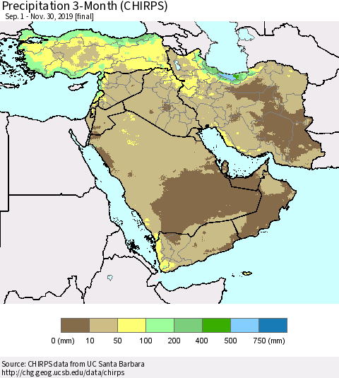 Middle East and Turkey Precipitation 3-Month (CHIRPS) Thematic Map For 9/1/2019 - 11/30/2019