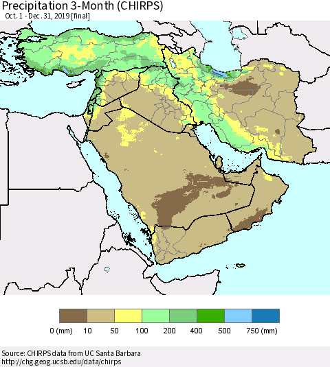 Middle East and Turkey Precipitation 3-Month (CHIRPS) Thematic Map For 10/1/2019 - 12/31/2019