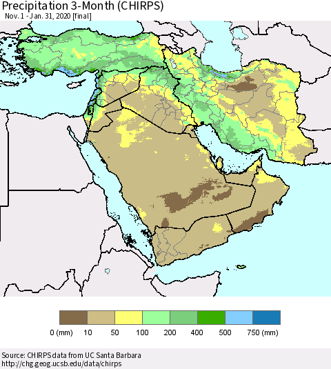 Middle East and Turkey Precipitation 3-Month (CHIRPS) Thematic Map For 11/1/2019 - 1/31/2020