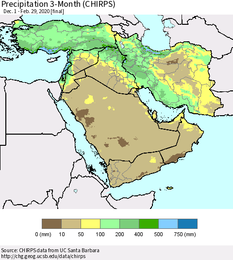 Middle East and Turkey Precipitation 3-Month (CHIRPS) Thematic Map For 12/1/2019 - 2/29/2020