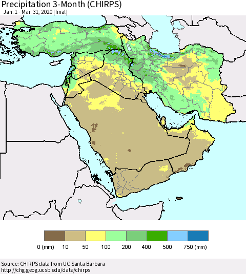 Middle East and Turkey Precipitation 3-Month (CHIRPS) Thematic Map For 1/1/2020 - 3/31/2020