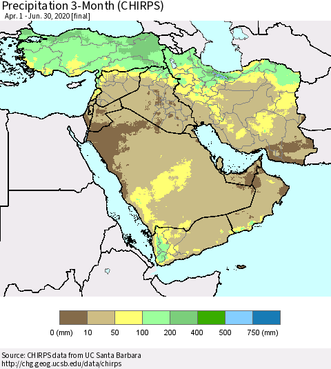 Middle East and Turkey Precipitation 3-Month (CHIRPS) Thematic Map For 4/1/2020 - 6/30/2020