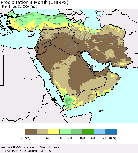 Middle East and Turkey Precipitation 3-Month (CHIRPS) Thematic Map For 5/1/2020 - 7/31/2020
